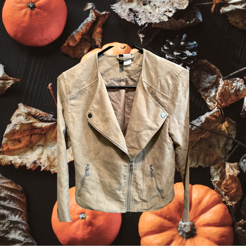 Vegan suede bomber jacket on warm tan color